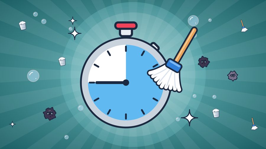 Three-Minute Scrub artwork: a stopwatch and a mop.